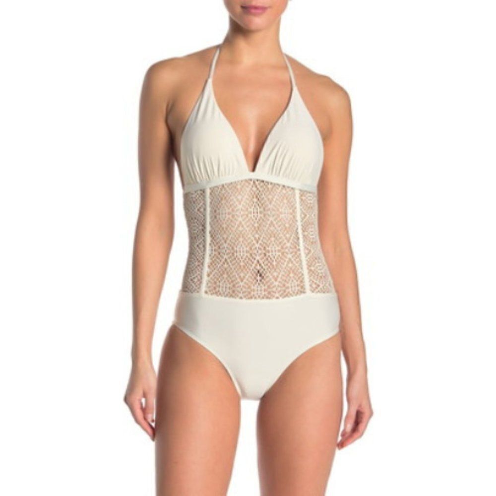 Ella Moss Women Cream Crochet One-Piece Swimsuit Size Small